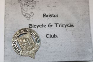 A 19th century Bristol Bicycle Club silver-plated badge with copy research circa.
