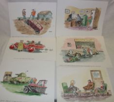 Six original watercolour and ink cartoons by Bill Stott, signed with pencil captions,