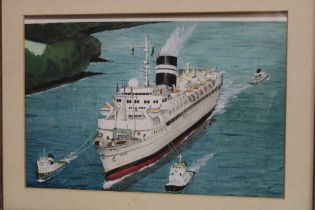 An original watercolour by Jamie Medlin depicting the SS Uganda off the coast, signed,