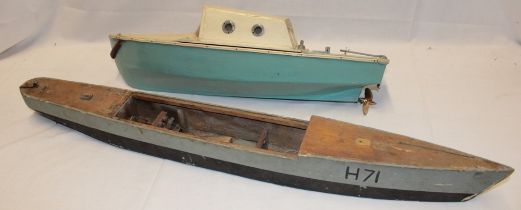 An old wooden model motor-boat and one other part constructed wooden model boat (2)