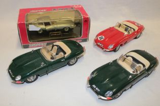 A boxed Majorette diecast Jaguar E-type car and three unboxed Burago E-type Sports (4)