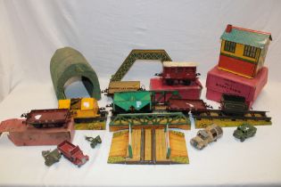 Hornby O gauge - boxed signal box, footbridge, various wagons, level crossing,