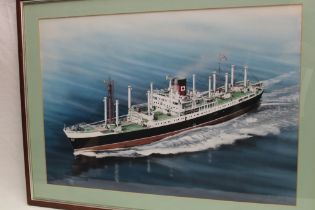 An original watercolour by Jamie Medlin depicting the SS Otaio at sea, signed and dated 1989,