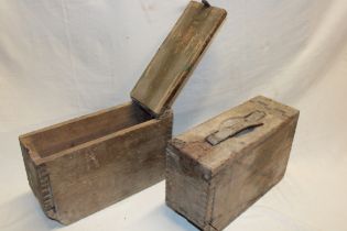 A pair of First War British stained wood and brass mounted machine gun ammunition boxes with hinged
