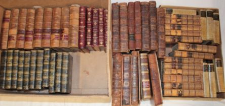 A large selection of various leather bound volumes including Dickens, Byron's Life and Works,
