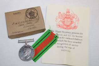 A Second War Defence medal with slip in box of issue with Truro address