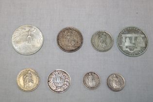 A selection of Switzerland silver coins together with 1972 German silver 10 marks and 1993 10 marks