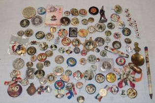 A large selection of commemorative pin badges and medallions Edward VII,