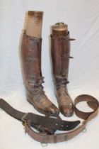A pair of First War Officer's brown leather boots with wooden trees by Maxwell of Dover Street,