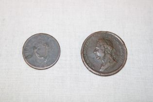 An 1816 Irish Wellington penny and a George III 1805 Irish halfpenny (2)