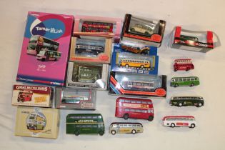 A selection of mint and boxed diecast buses including limited edition Tamar Link bus set,