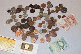 A selection of various pre-decimal GB coinage, various Foreign coins, 10 shilling note,