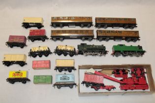 Hornby Dublo - a GWR tank engine, one other repainted tank engine, four Dublo teak carriages,