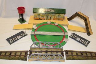 Hornby O gauge - pre War tin plate viaduct with ramps, footbridge, water tank, No.