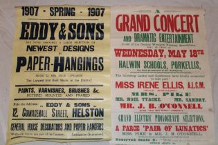 Two old Helston related posters including 1907 Eddy & Sons "Newest Designs in Paper Hangings",