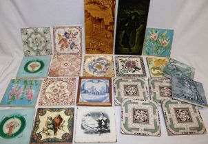 A selection of various ceramic tiles including early delft blue and white figure decorated tile,
