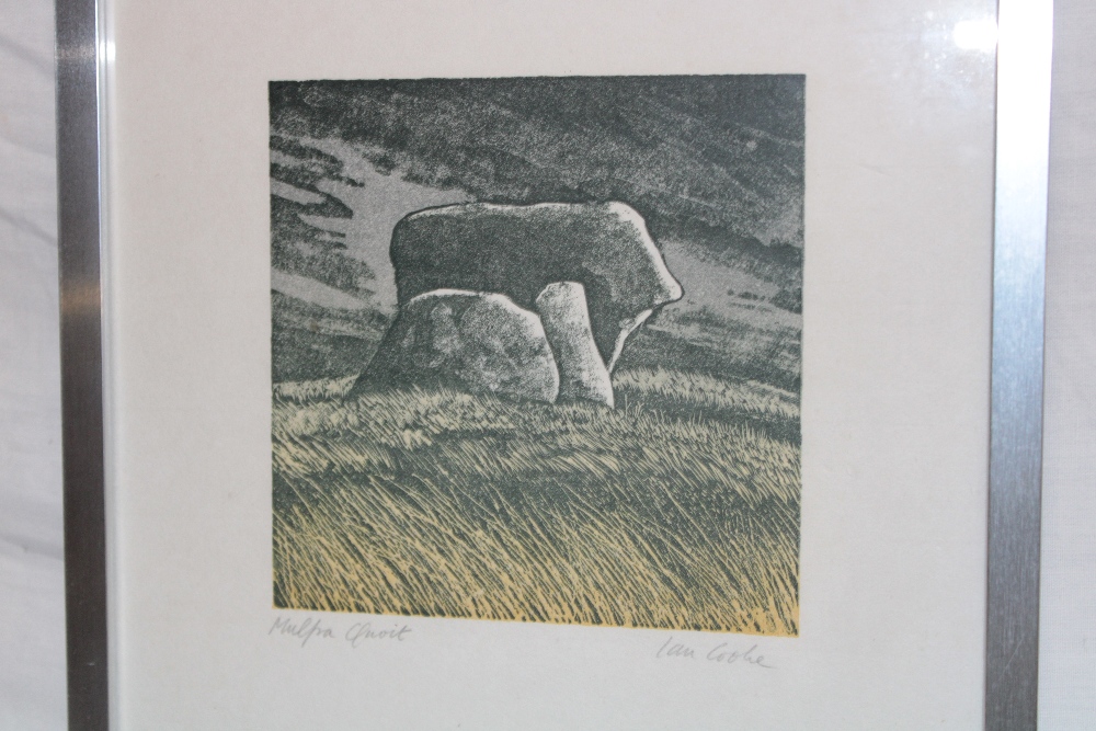 A coloured etching of Mulfra Quoit, signed in pencil Ian Cooke,