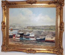 J** Adams - oil on board Hayle harbour with fishing boats, signed,