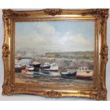 J** Adams - oil on board Hayle harbour with fishing boats, signed,