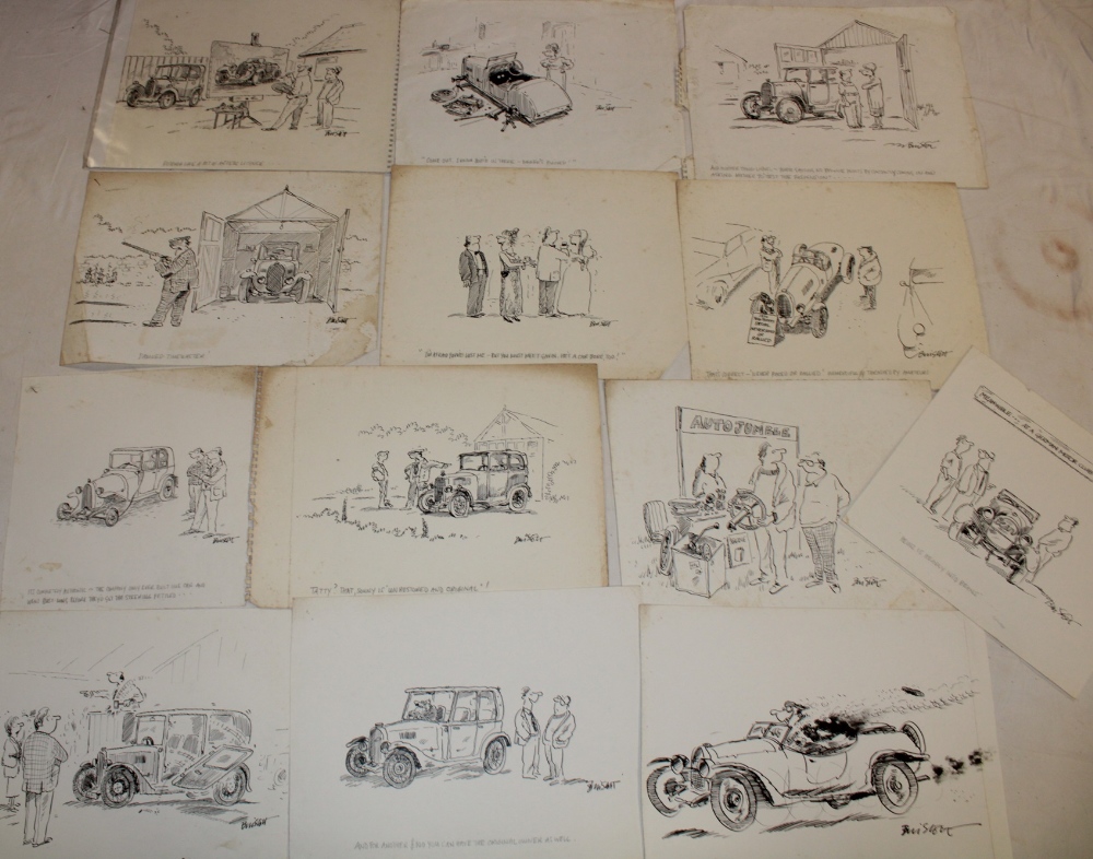 Twelve original pen and ink cartoons by Bill Stott mainly involving motoring scenes signed with