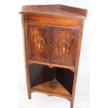 A 19th century inlaid rosewood corner cabinet with cupboard enclosed by two decorated panelled