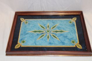 A good quality glass mounted mahogany rectangular tea tray with decorated top,