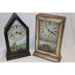 Two 19th century American shelf clocks with painted circular dials and decorated glass doors