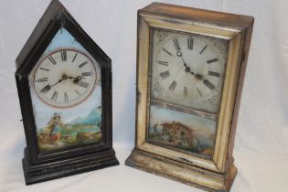 Two 19th century American shelf clocks with painted circular dials and decorated glass doors