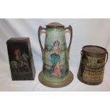 A large old Victory-V tin and cover with female decoration, 14½" high,