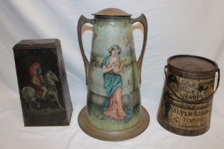 A large old Victory-V tin and cover with female decoration, 14½" high,