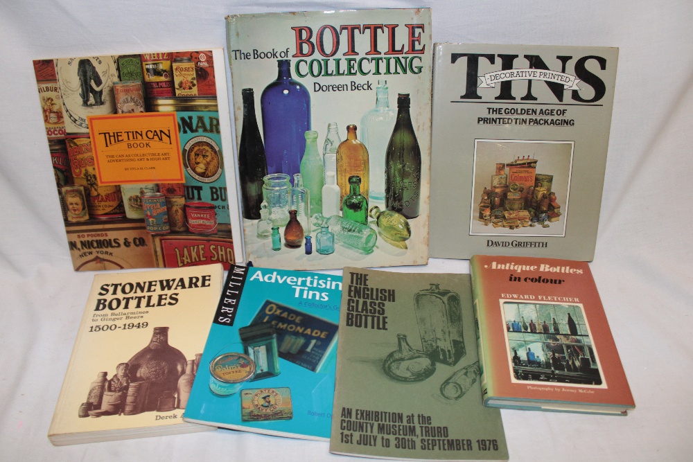 Various tin and bottle collecting books including Decorative Printed Tins, The Tin Can Book,