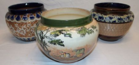 A Doulton pottery circular jardiniere with "The Gypsies" decoration and two various Doulton pottery