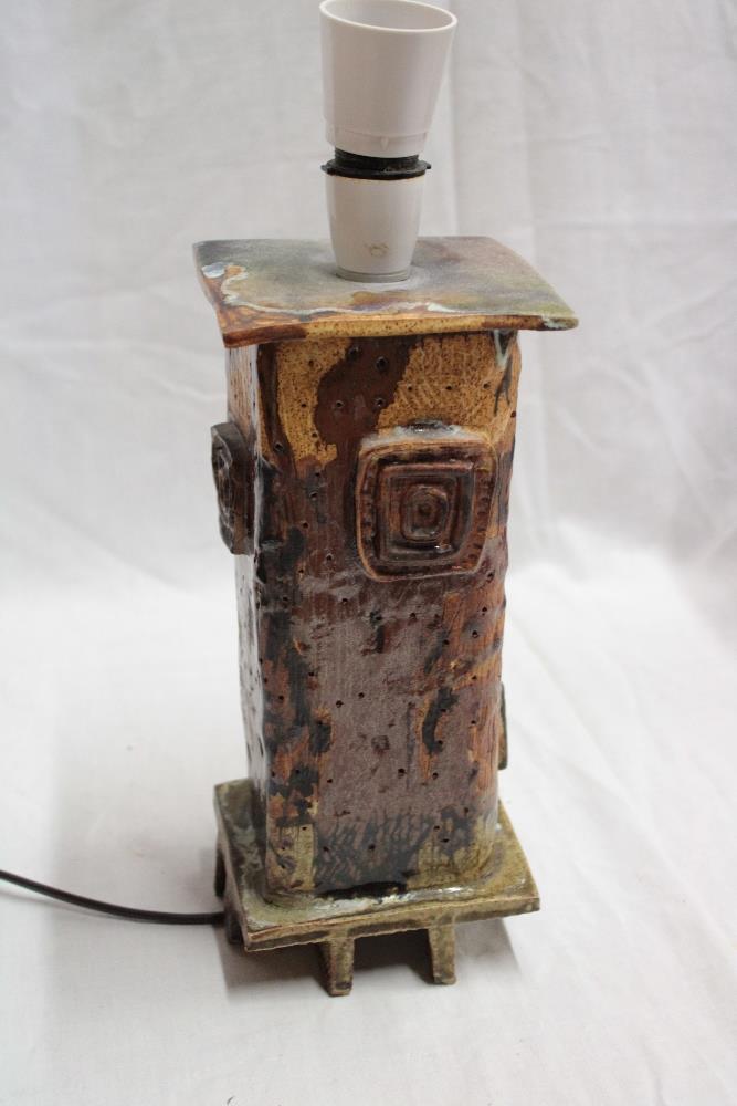 A studio pottery square table lamp with raised decoration marked "RBD" 14" high overall