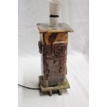 A studio pottery square table lamp with raised decoration marked "RBD" 14" high overall
