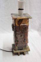 A studio pottery square table lamp with raised decoration marked "RBD" 14" high overall