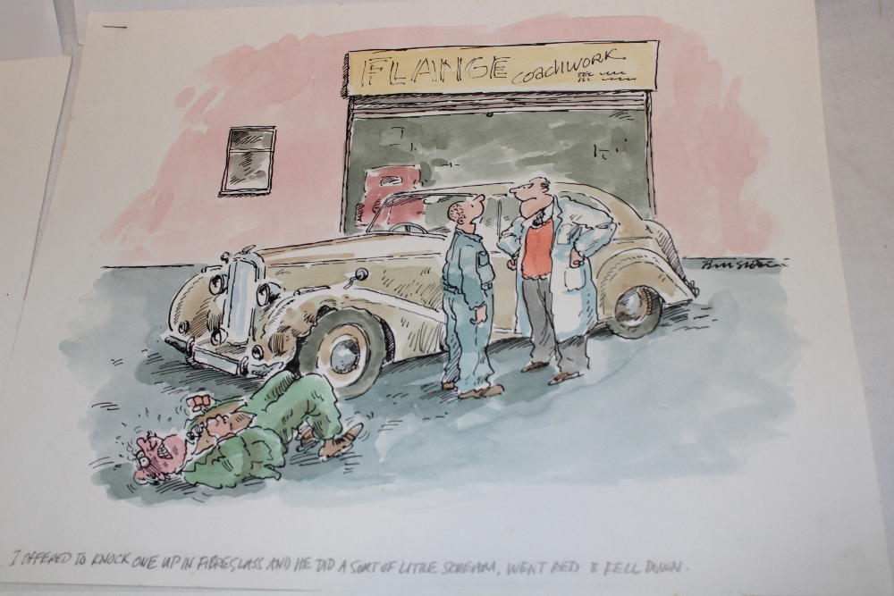 Six original watercolour and ink cartoons by Bill Stott, signed with pencil captions, - Image 2 of 4