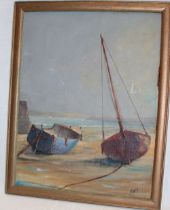 R** O** Bonney - oil on board "Boats at Padstow", signed with initials, labelled to verso,