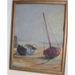 R** O** Bonney - oil on board "Boats at Padstow", signed with initials, labelled to verso,