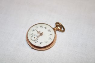 A ladies' small 14ct gold fob-watch with circular enamelled dial (18.