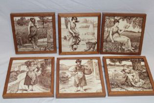 Six Minton's pottery square tiles decorated with various females in sepia designs, 6" x 6",