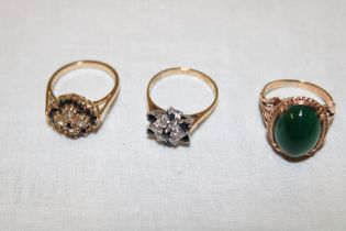 Three various 9ct gold dress rings including sapphire and diamond chips etc (11g)