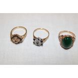 Three various 9ct gold dress rings including sapphire and diamond chips etc (11g)