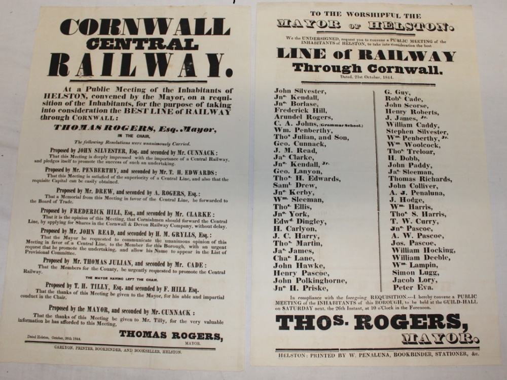 An original 1844 Cornwall railway poster "To the Worshipful The Mayor of Helston - Line of Railway