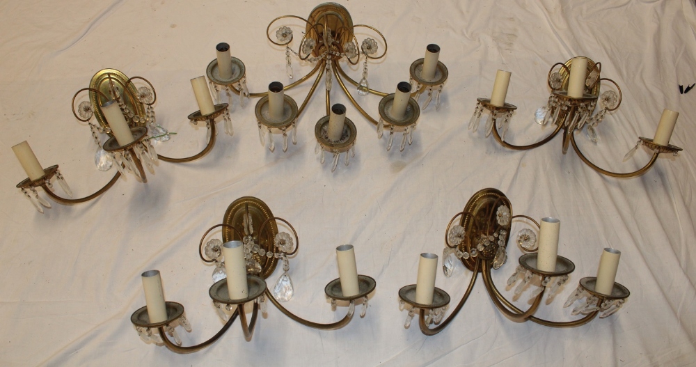 Five matching brass wall lights comprising a five branch wall light with glass lozenge droplet - Image 3 of 3