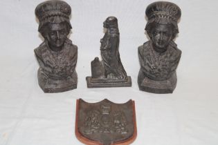 A pair of 19th century cast-iron busts of females, 8" high ,