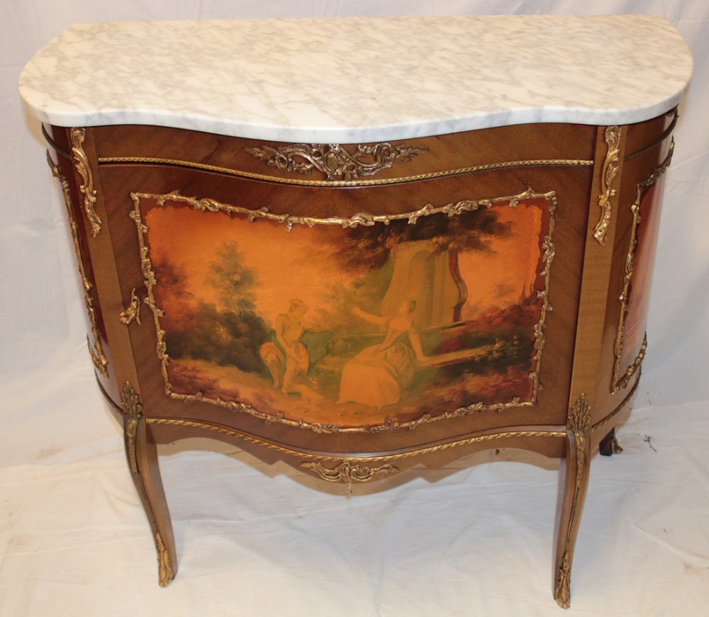 A reproduction French serpentine-fronted side cabinet with figure decorated door,