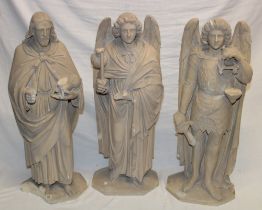 Three old plaster figures depicting religious characters,