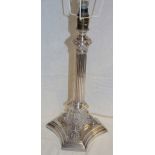 A George V silver table lamp in the form of a Corinthian column on trefoil base, 13" high,