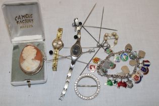 A small selection of various costume jewellery including oval cameo brooch, ladies wristwatch,