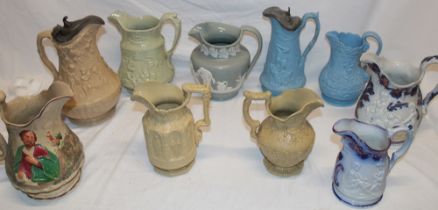 Ten various 19th century pottery jugs including Hanley brown glazed jug with ecclesiastical figure
